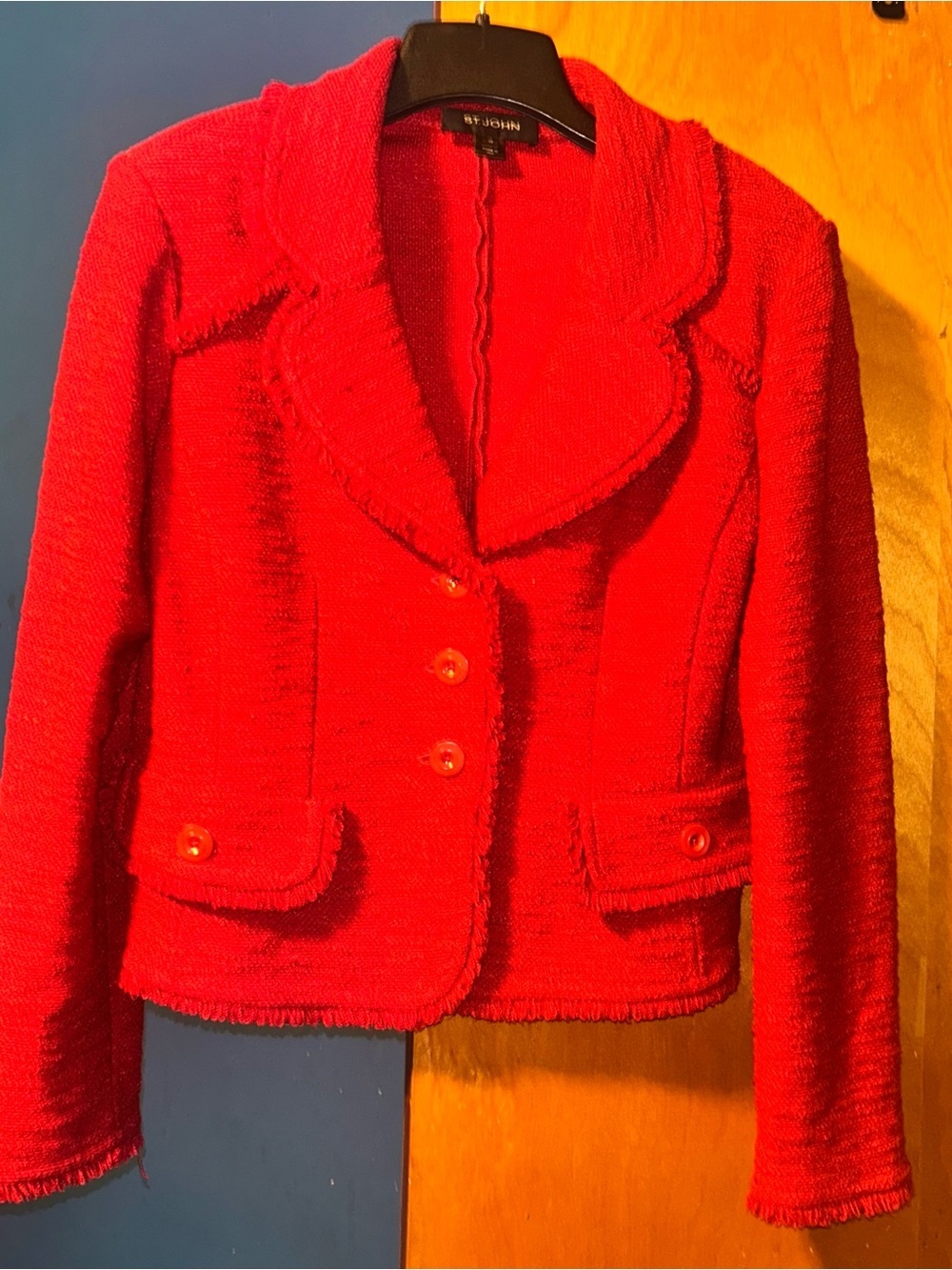 St. John jacket red fringe knit suit blazer size 10 jacket